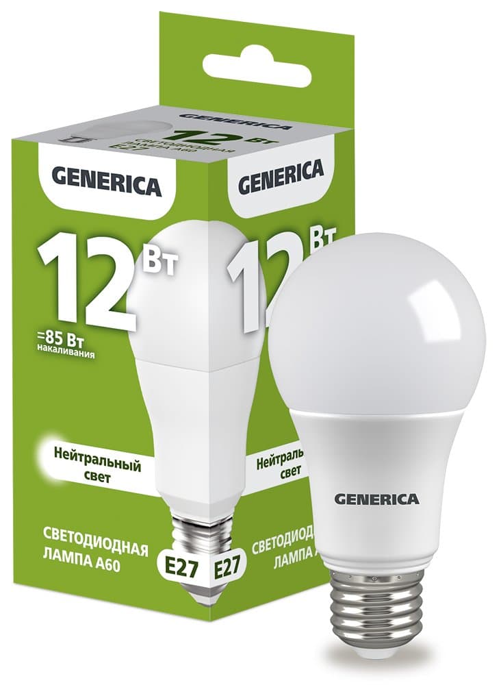 IEK GENERICA Лампа LED A60 груша 12Вт 230В 4000К E27 LL-A60-12-230-40-E27-G