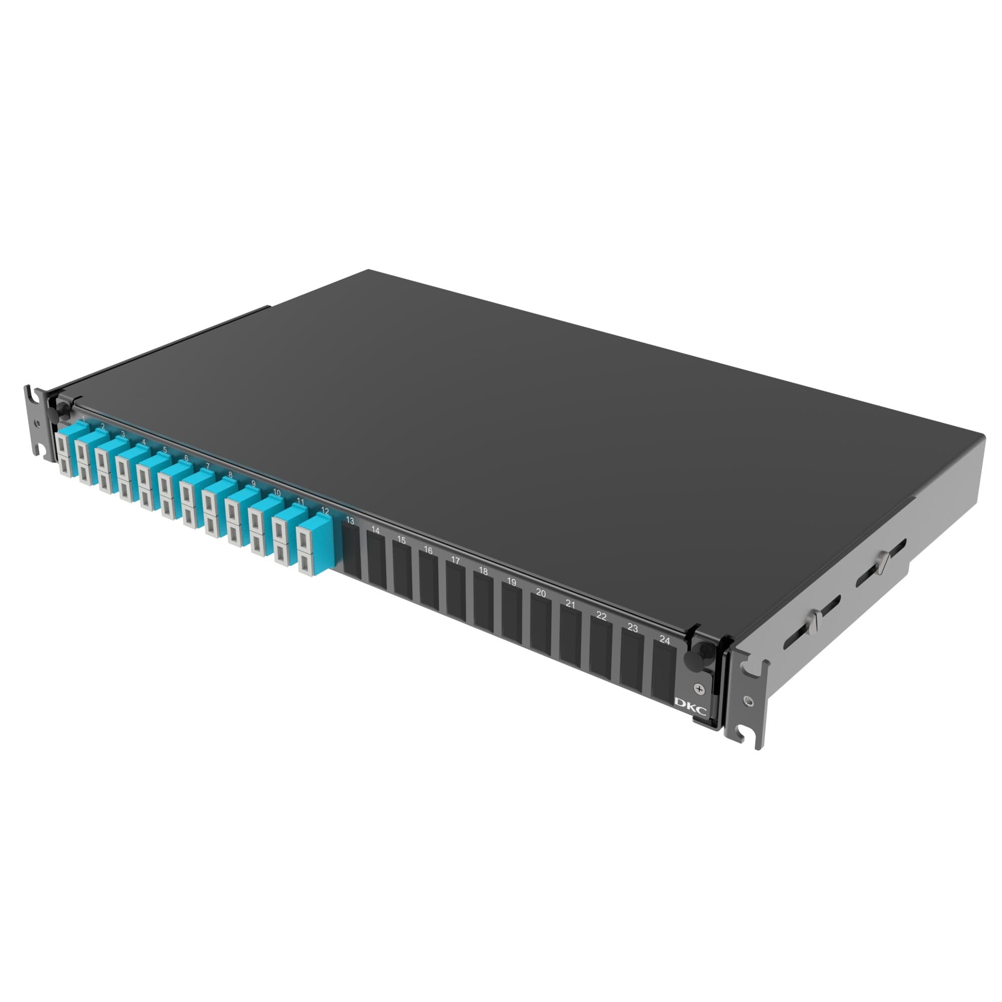 DKC Оптическая полка выдвижная 1U с адатерами 12 х duplex SC ОМ3 в комплекте с лицевой панелью, пигтейлами, сплайс-кассет(ой/ами) и гильзами КДЗС