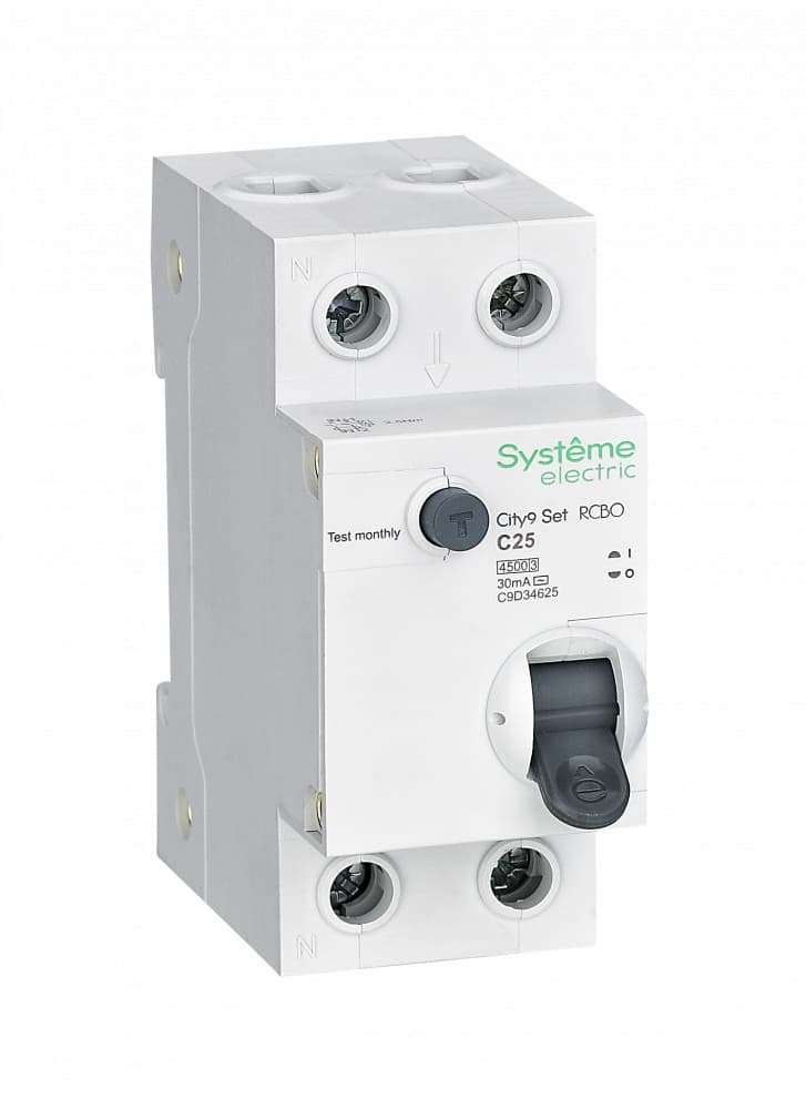 Systeme Electric City9 Set Автоматический выключатель дифференциального тока (АВДТ) 1P+N С 25А 4.5kA 30мА Тип-AС 230В C9D34625
