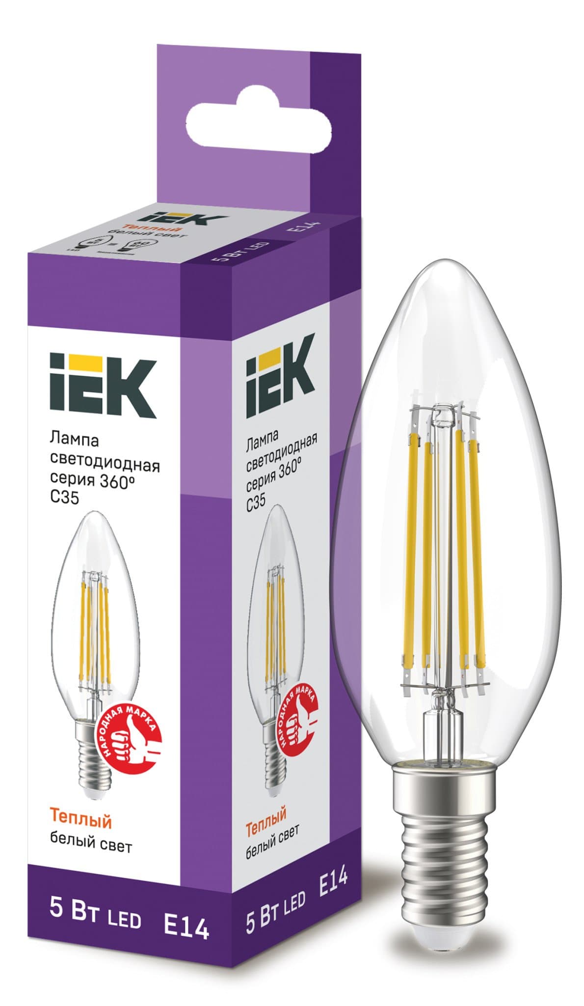 IEK Лампа LED C35 свеча прозрачный 5Вт 230В 3000К E14 серия 360°