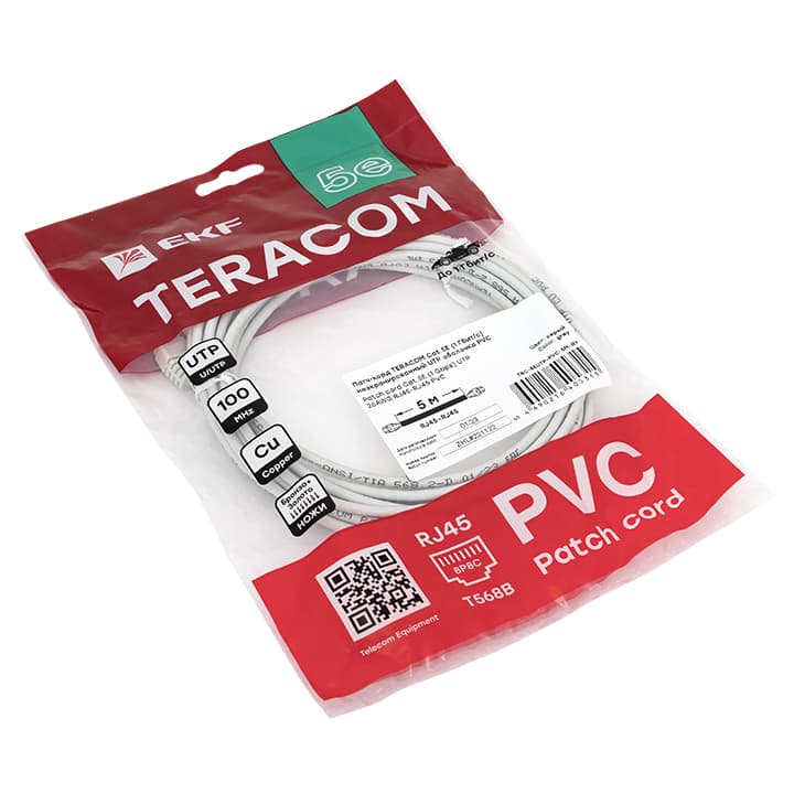 EKF Патч-корд TERACOM Cat.5E (1Гбит/с) неэкранированный UTP оболочка PVC серый (5м) — миниатюра 2