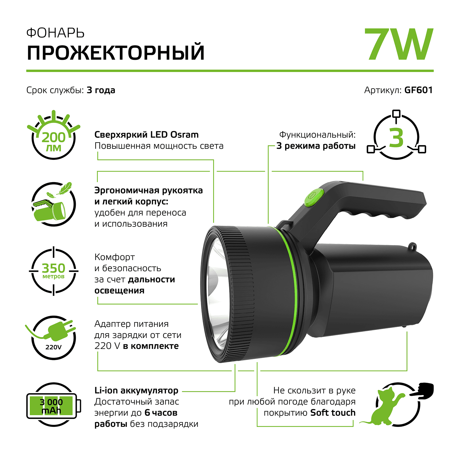 Gauss Фонарь прожекторный модель GFL601 7W 200lm Li-ion 3000mAh LED 1/10/30 GF601 — миниатюра 7