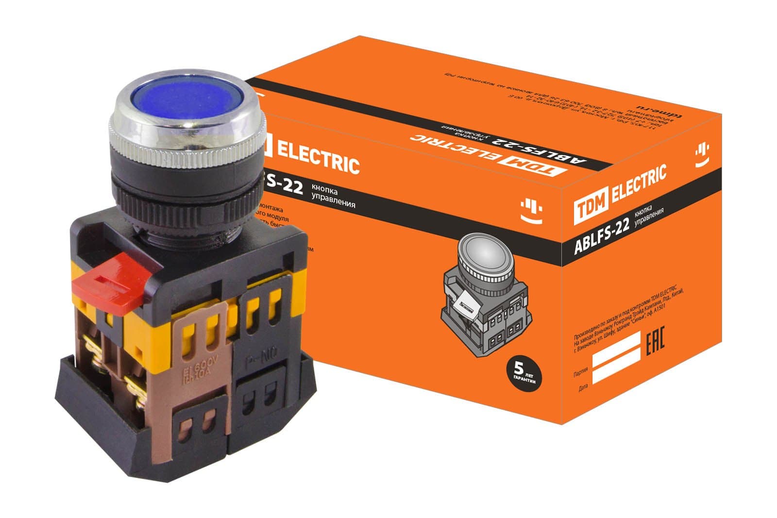 TDM Кнопка ABLFS-22 синий d22мм неон/230В 1з+1р SQ0704-0011