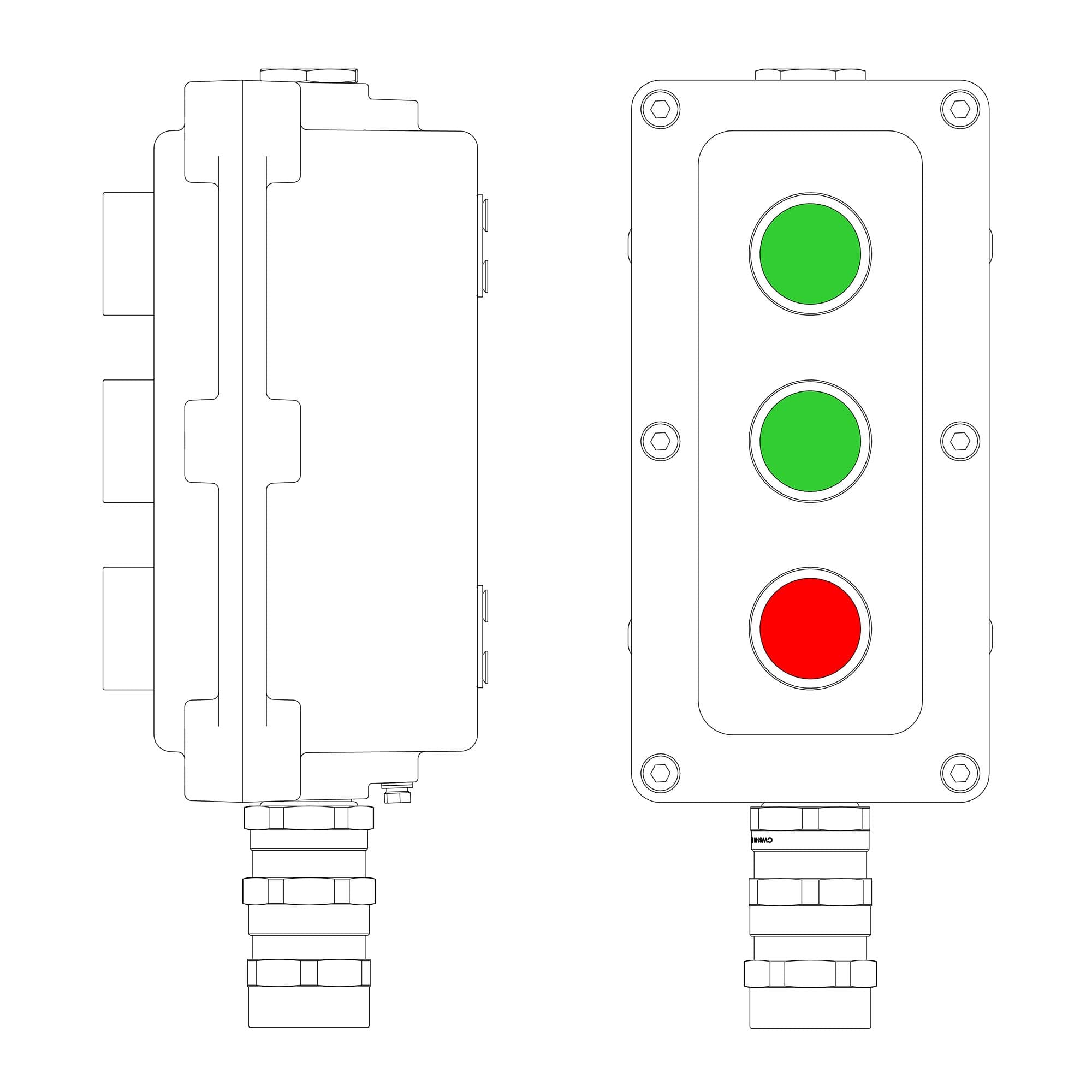 DKC Взрывонепроницаемый пост управления из алюминия LCSD-03-B-MB-P1G(11)x1-P1G(11)x1-P1R(11)x1-PBMB-KA2MHK / 1Ex d IIB T5 Gb / Ex tb IIIC T95°С Db IP6