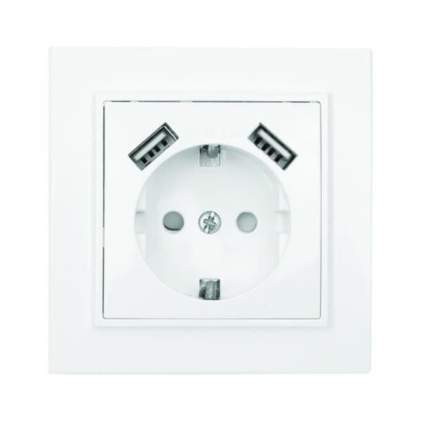 EKF Basic Минск Белый Розетка с/з, со шторками, 16А, с 2 USB 2,1А, СП