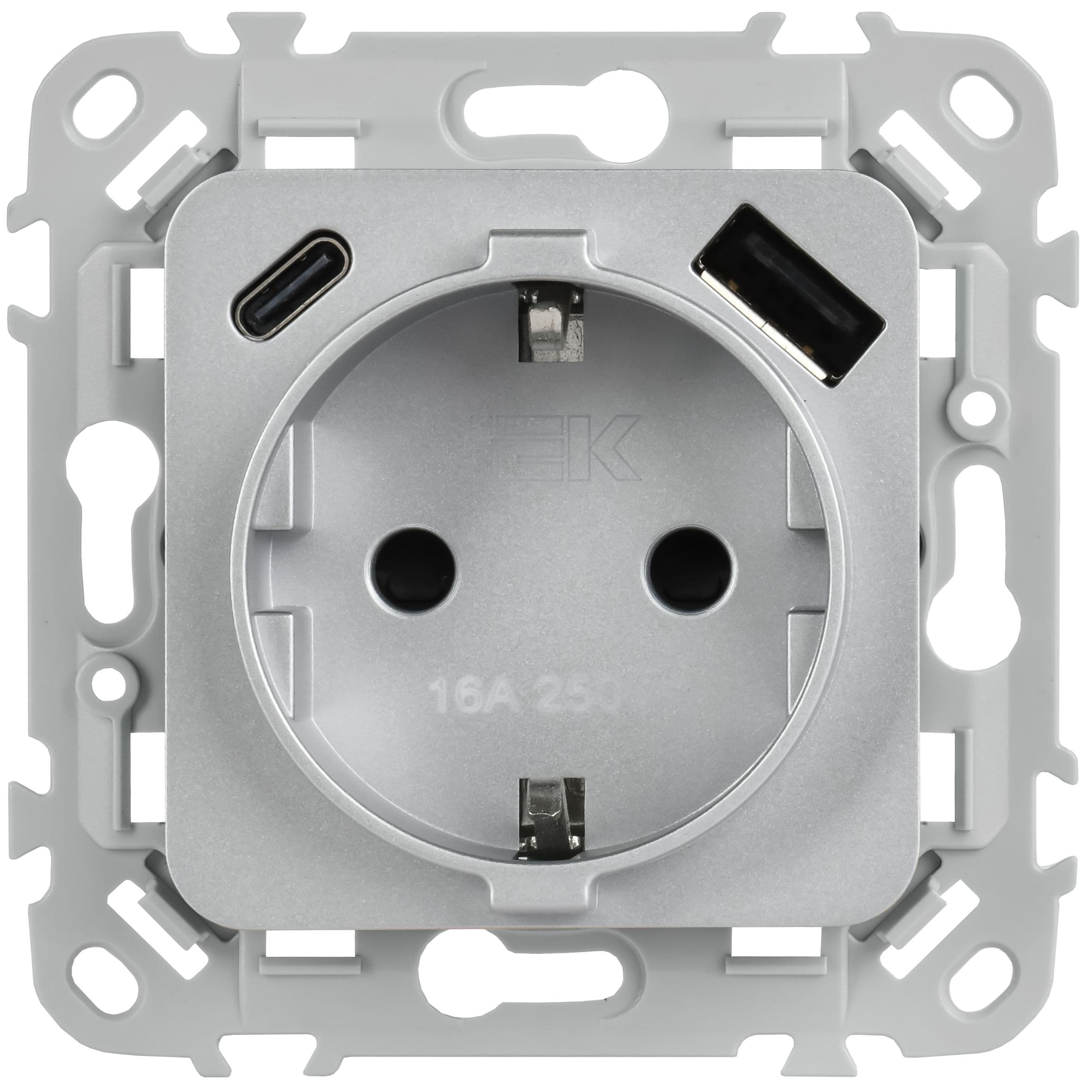 IEK FLITE Алюминий Розетка 1-местная с заземлением с защитными шторками 16А с USB A+C 20Вт безвинтовое крепление — миниатюра 2