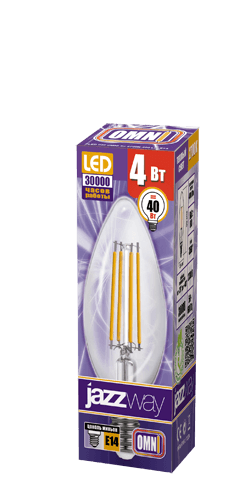 Jazzway Лампа светодиодная (LED) «свеча» d35мм E14 320° 4Вт 220-230В прозрачная тепло-белая желтая 2700К .1028006 — миниатюра 2