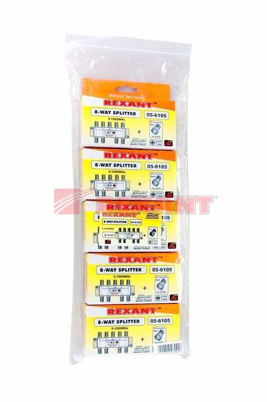 Делитель ТВ х 8 + 9шт. F "BOX" 5-1000 МГц "Silver" Rexant 05-6105 — миниатюра 2