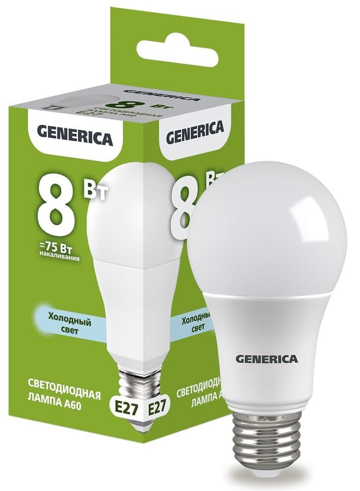 IEK GENERICA Лампа LED A60 груша 8Вт 230В 6500К E27 LL-A60-08-230-65-E27-G