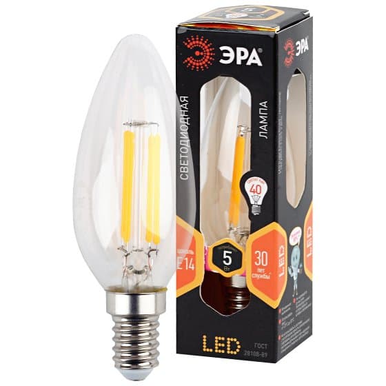 ЭРА F-LED B35-5W-827-E14 (филамент, свеча, 5Вт, тепл, E14)