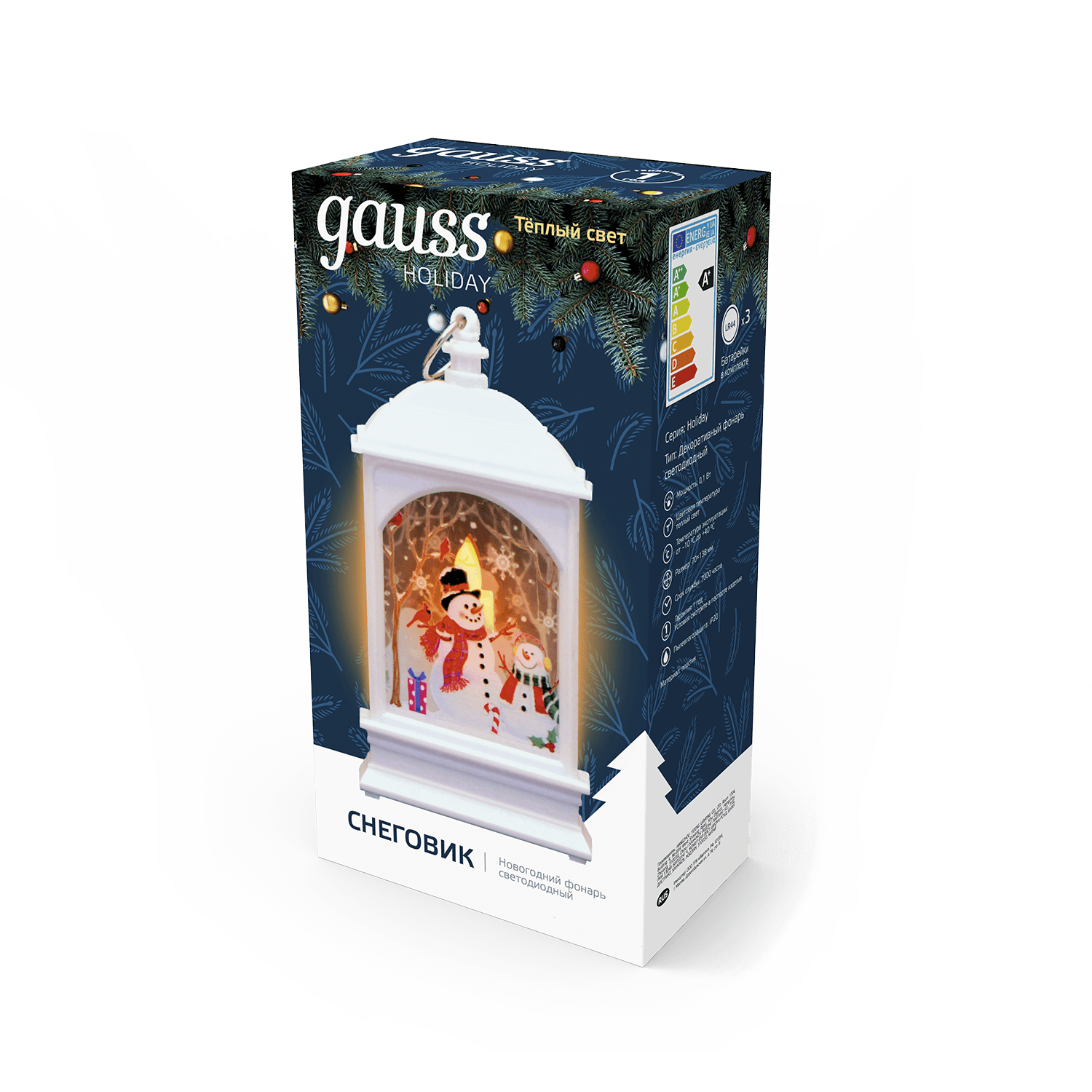 Gauss Фонарь новогодний светодиодный "Снеговик" серия Holiday, ,1W, тёплый свет, белый, батарейки в комплекте, HL030 — миниатюра 6