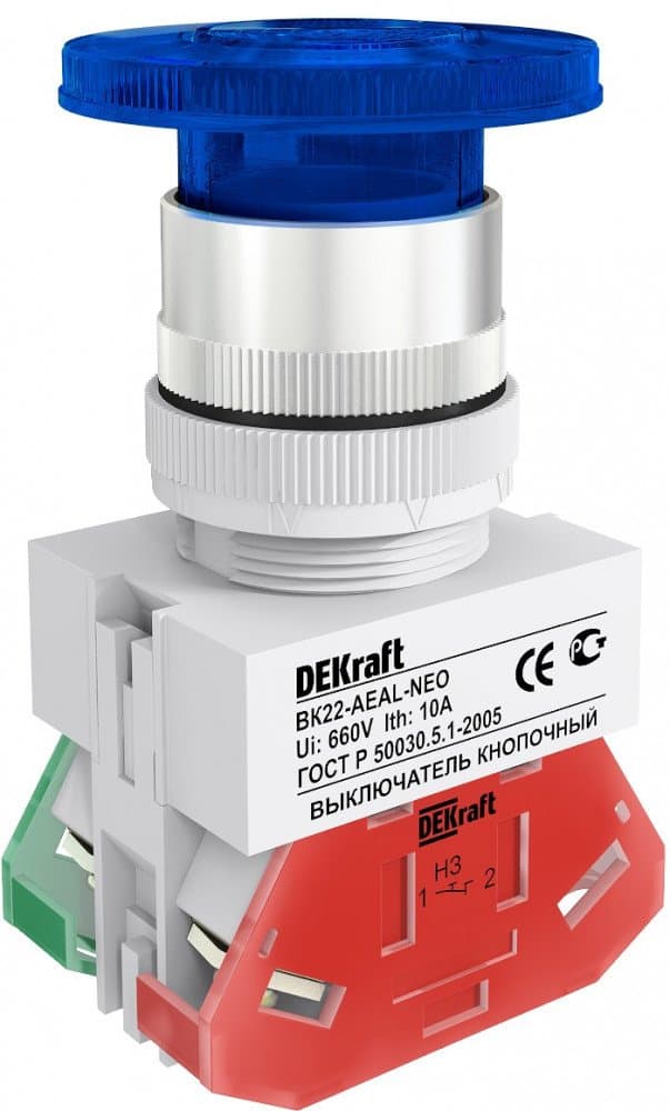 Dekraft Выключатель кноп. грибок с фикс. AEAL D22 СИНИЙ ВК-22