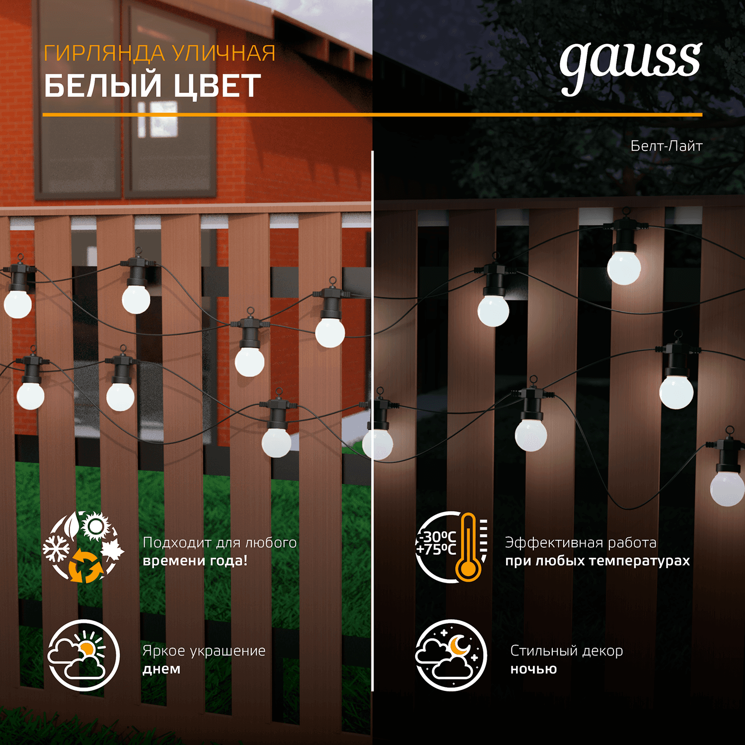 Gauss Гирлянда светодиодная "Белт Лайт" Holiday, 10 ламп, 7,7 м, IP44, белый, 1/6 HL062 — миниатюра 9