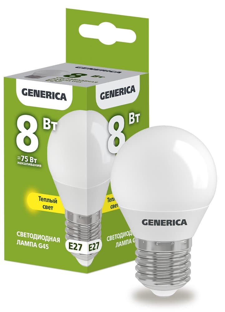IEK GENERICA Лампа LED G45 шар 8Вт 230В 3000К E27 LL-G45-08-230-30-E27-G