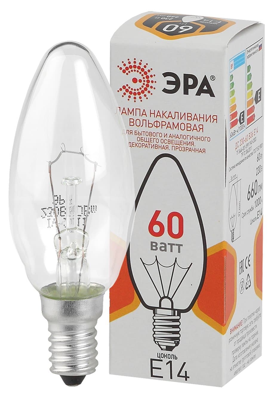 ЭРА ДС 60-230-E14-CL ДС свечка 60Вт 230В E14 цветная упаковка
