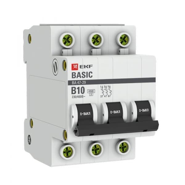 EKF Basic ВА 47-29 Автоматический выключатель (B) 3P 10А 4,5кА mcb4729-3-10-B