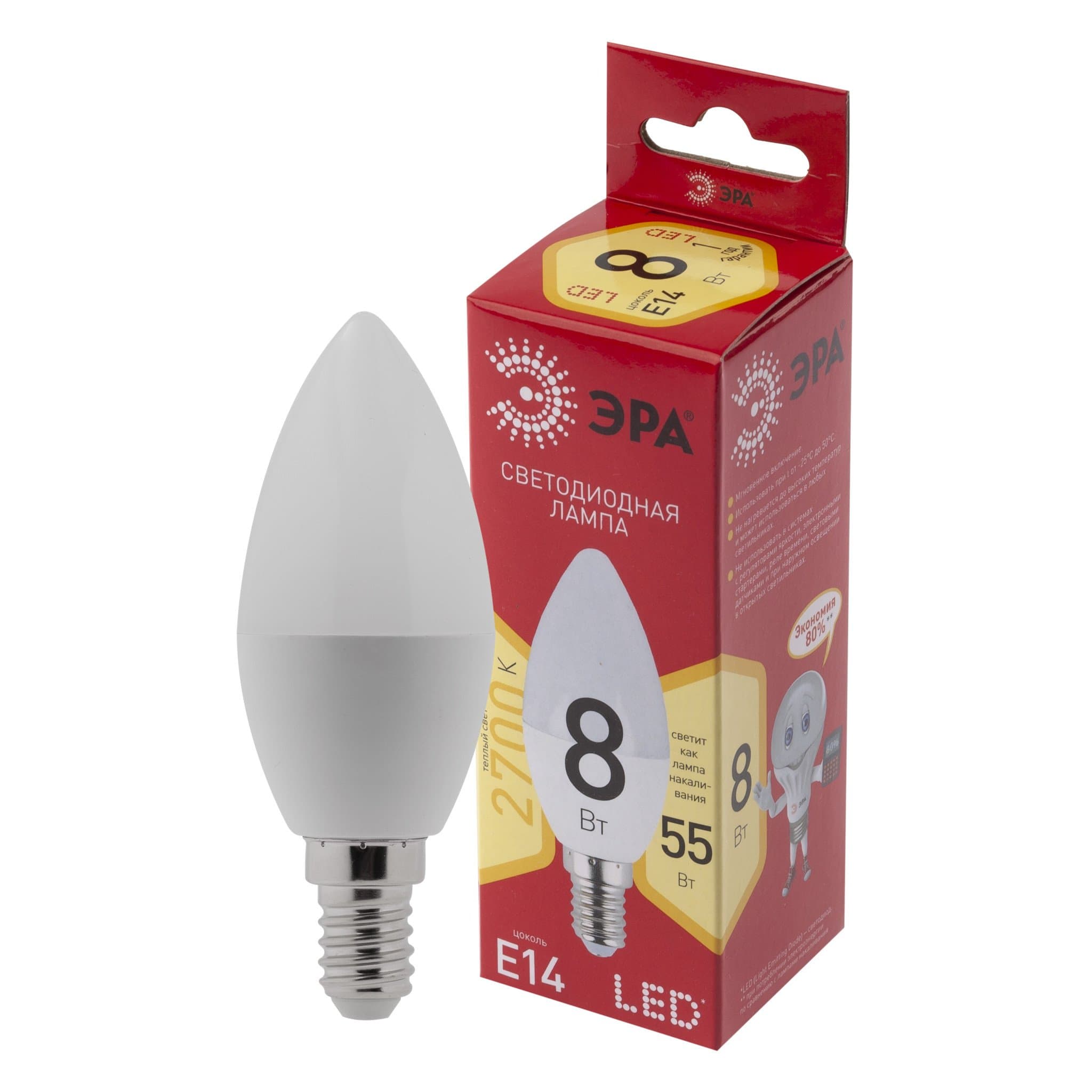 ЭРА LED B35-8W-827-E14 R Лампа светодиодная (диод, свеча, 8Вт, тепл, E14) (10/100/3500)