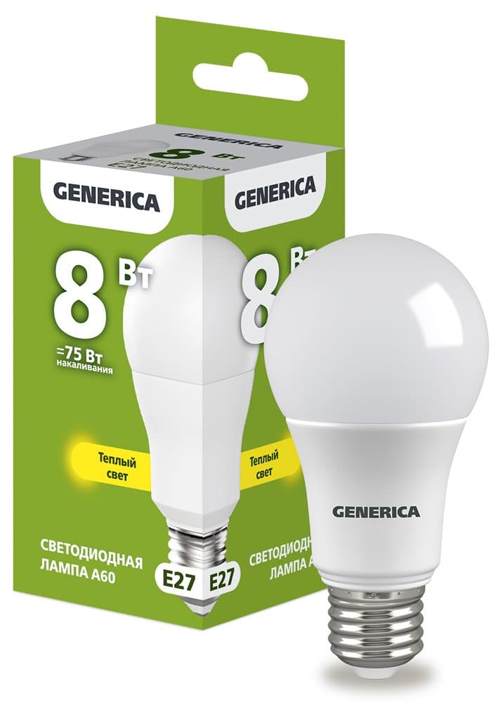 IEK GENERICA Лампа LED A60 груша 8Вт 230В 3000К E27 LL-A60-08-230-30-E27-G