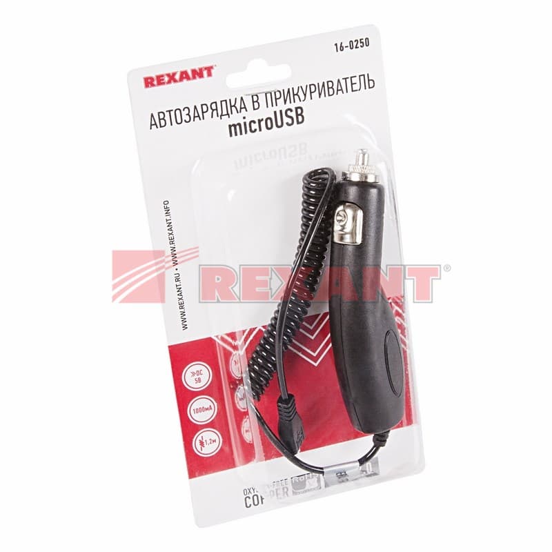 Автозарядка в прикуриватель microUSB (АЗУ) (5V, 1000mA) шнур спираль 1.2М черная Rexant 16-0250 — миниатюра 2
