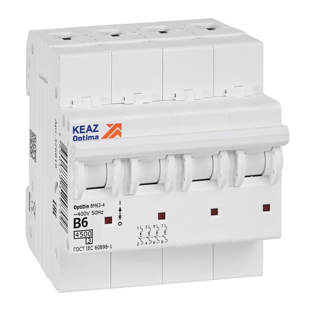 КЭАЗ OptiDin BM63 Автоматический выключатель 4P 6А B 4,5кА AC (BM63-4B6-4,5-УХЛ3) 329526