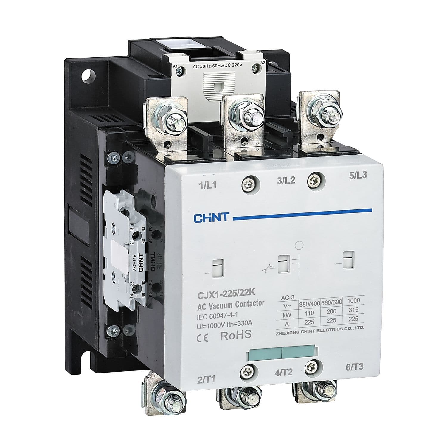 CHINT Контактор вакуумный CJX1-225/22K 225А(АС3) 2НО+2НЗ AC/DC 380В 50/60Гц