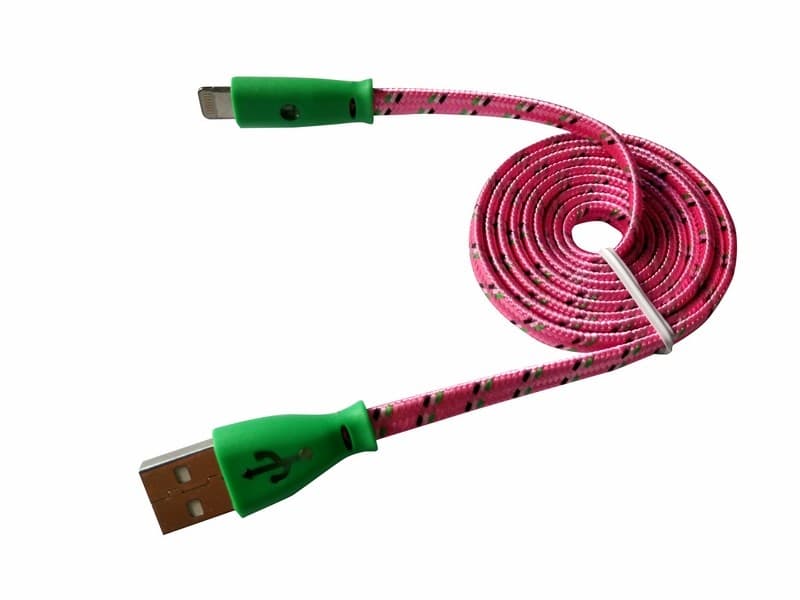 USB кабель светящиеся Разъемы для iPhone 5/6/7 моделей шнур шелк плоский1М розовый Rexant 18-4258