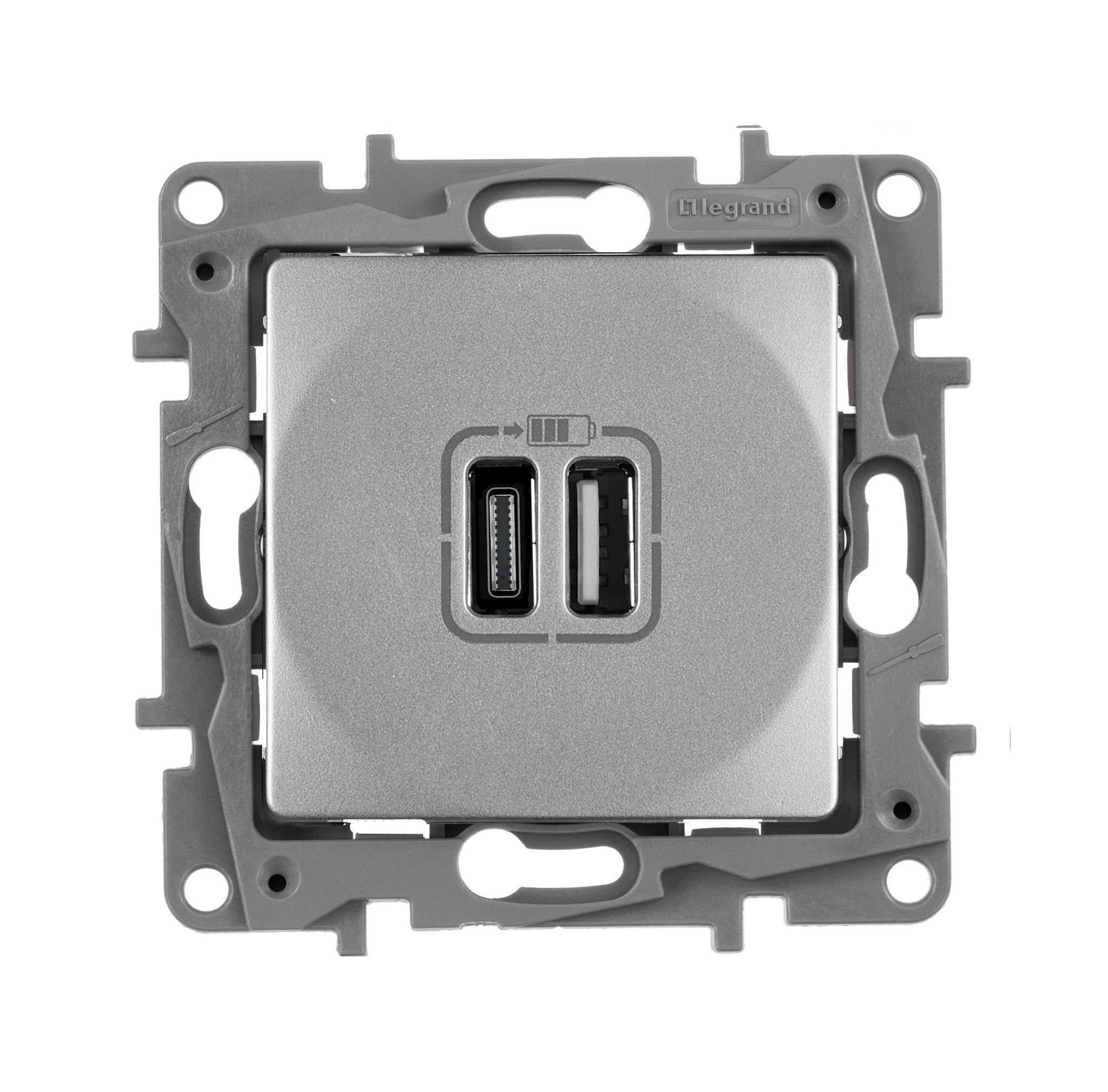 Legrand Etika, алюминий, зарядное устройство с USB разъемами A-C 672436 — миниатюра 1
