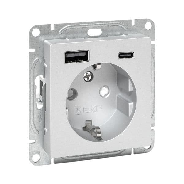 EKF Механизм розетки с USB-A+С - 2шт, 16А, с заземлением, со шторками, алюминий Эпика