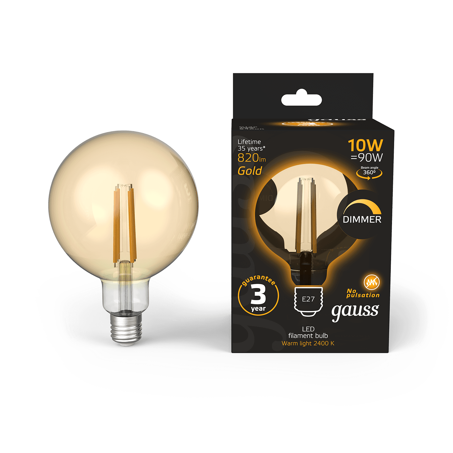Gauss Лампа Filament G125 10W 820lm 2400К Е27 golden диммируемая LED 1/20 158802010-D — миниатюра 7