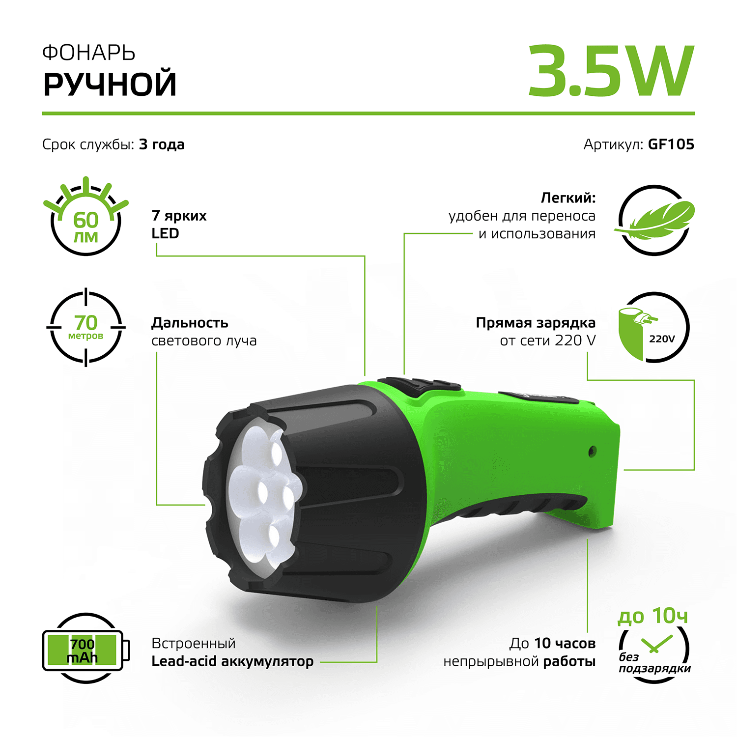 Gauss Фонарь ручной модель GFL105 7LED 60lm lead acid 700mAh LED 1/12/72 GF105 — миниатюра 2