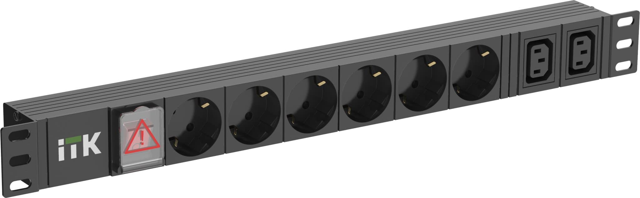 IEK ITK PDU 6 розеток нем. ст. + 2 С13 LED 1U вх. С14 алюмин. PH12-6D2C133