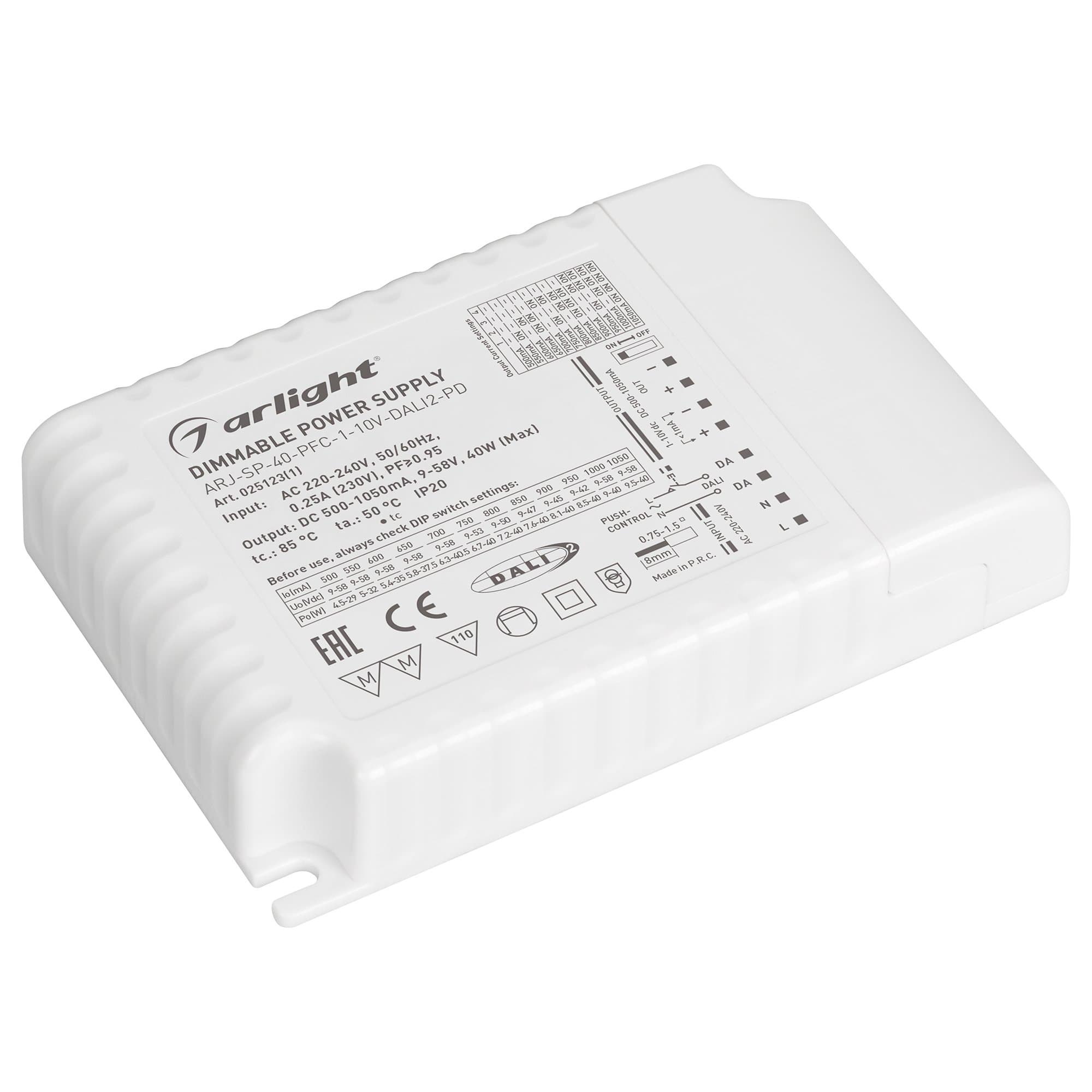 Arlight Блок питания ARJ-SP-40-PFC-1-10V-DALI2-PD (40W, 500-1050mA) (IP20 Пластик, 5 лет) 025123(1) — миниатюра 1