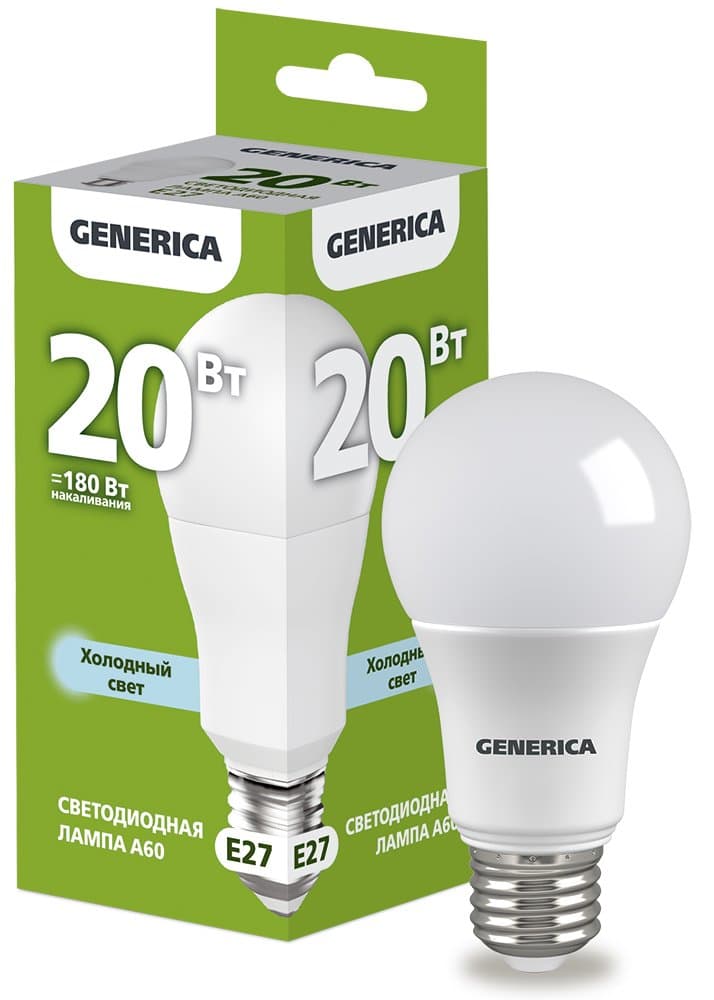 IEK GENERICA Лампа LED A60 груша 20Вт 230В 6500К E27 LL-A60-20-230-65-E27-G
