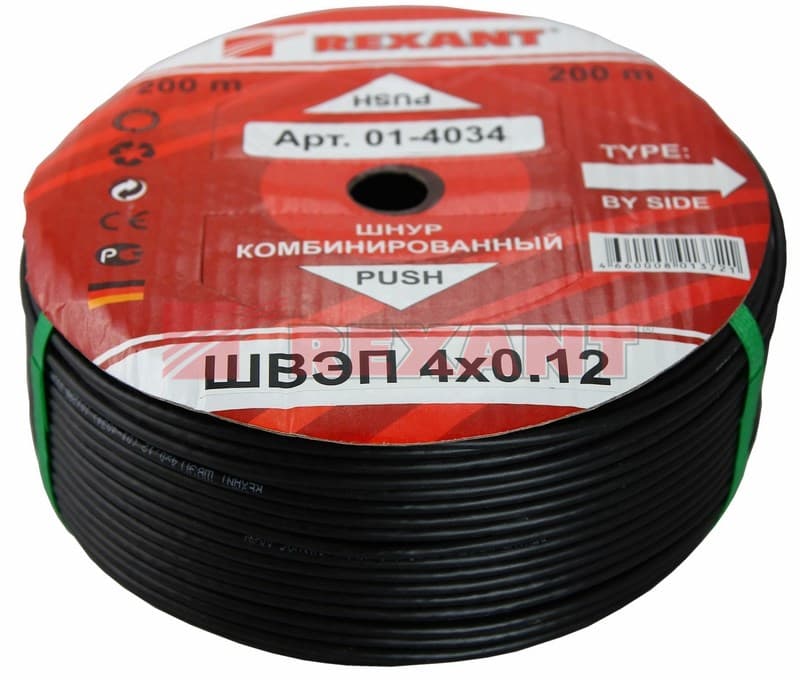 Шнур комбинированный ШВЭП (ШСМ) 4x0.12мм², 200м., черный Rexant 01-4034 — миниатюра 2