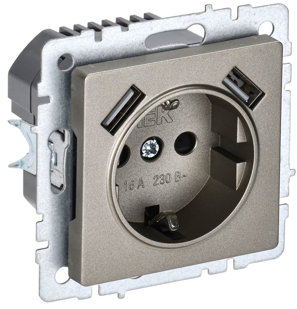IEK BRITE BASE Шампань Розетка с з/к/ш 16А с USB A+A 2,1А РЮш10-1-БрШ