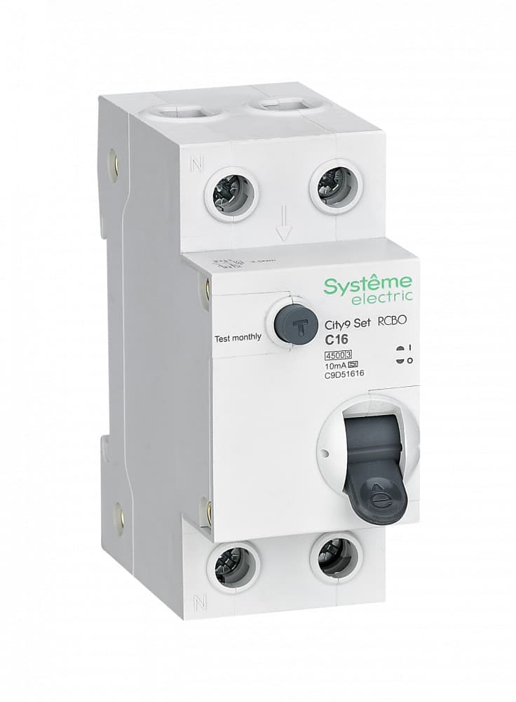 Systeme Electric City9 Set Автоматический выключатель дифференциального тока (АВДТ) 1P+N С 16А 4.5kA 10мА Тип-A 230В C9D51616
