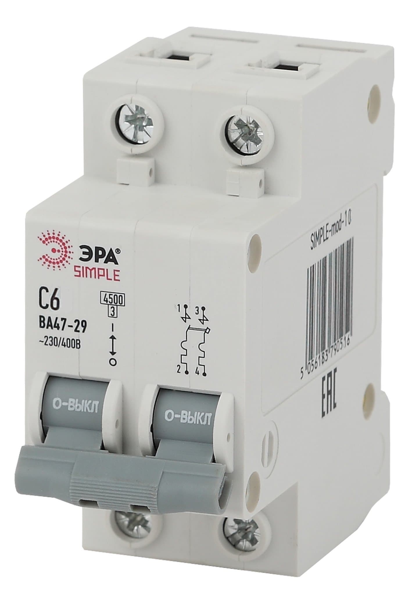 ЭРА SIMPLE-mod-10 SIMPLE Автоматический выключатель 2P 6А (C) 4,5кА ВА 47-29