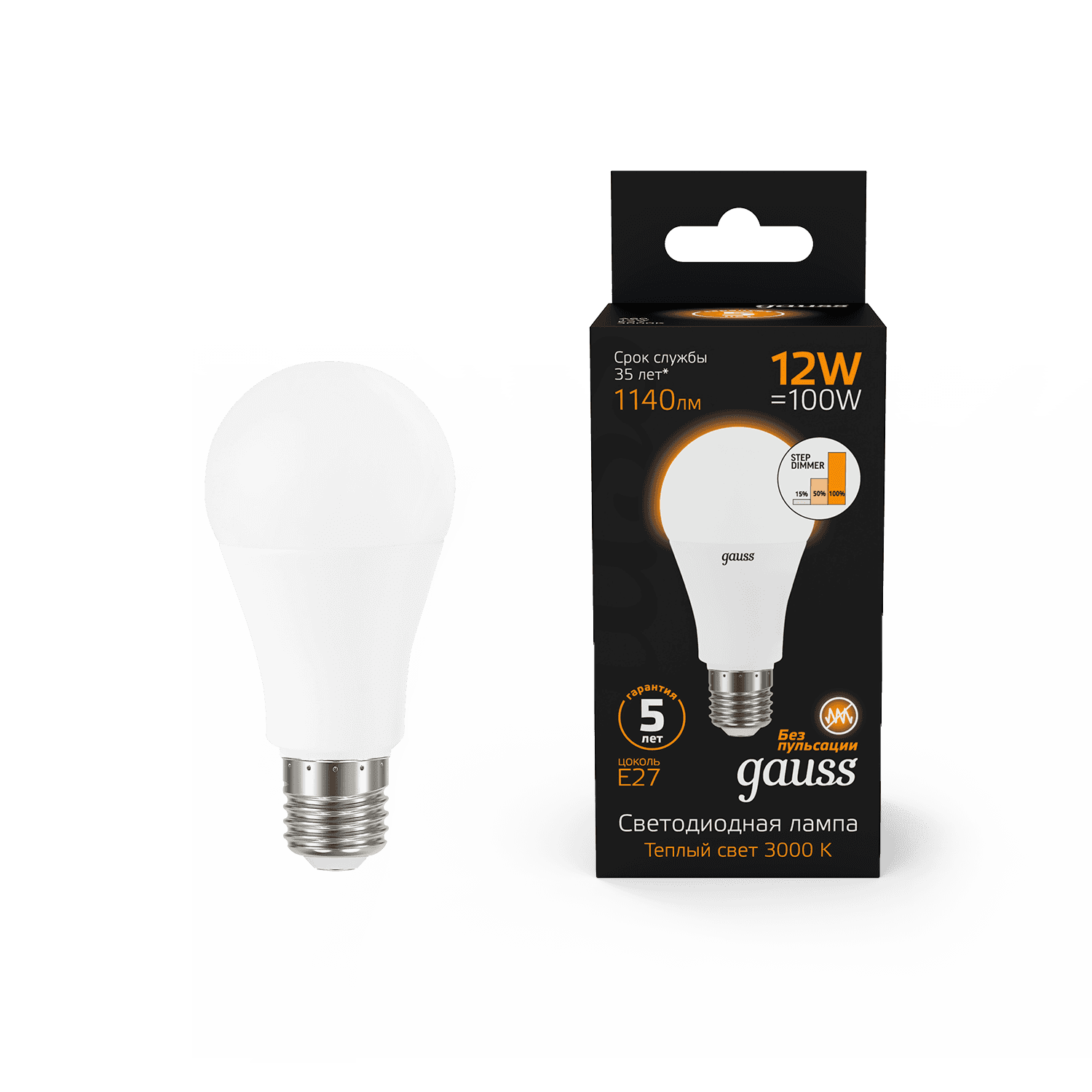 Gauss Лампа A60 12W 1140lm 3000K Е27 шаг. диммирование LED 102502112-S — миниатюра 6