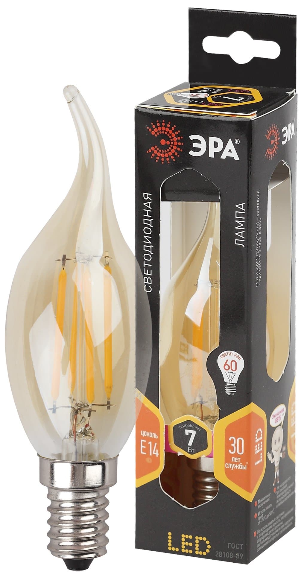 ЭРА F-LED BXS-7W-827-E14 gold (филамент, свеча на ветру золот., 7Вт, тепл, E14) Б0027965
