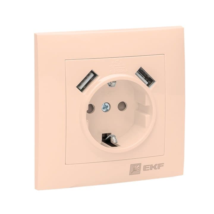 EKF PROxima Валенсия розетка 1-местная с/з 16А кремовая с защ. штор. с 2 USB 2,1А — миниатюра 3