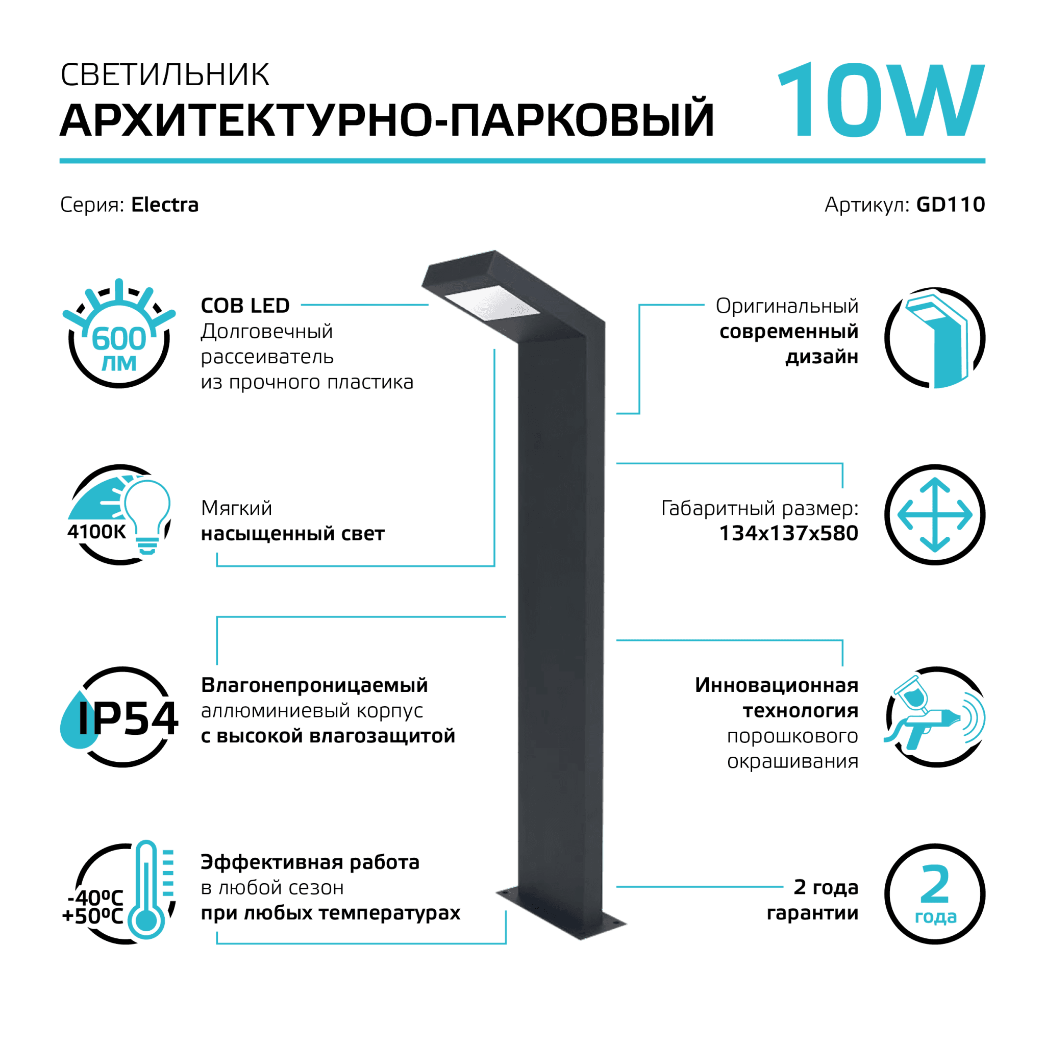 Gauss Светильник садово-парковый LED Electra столб, 10W, 600Lm, 4000K, 134x137x580mm, 170-240V / 50Hz, IP54, GD110 — миниатюра 8