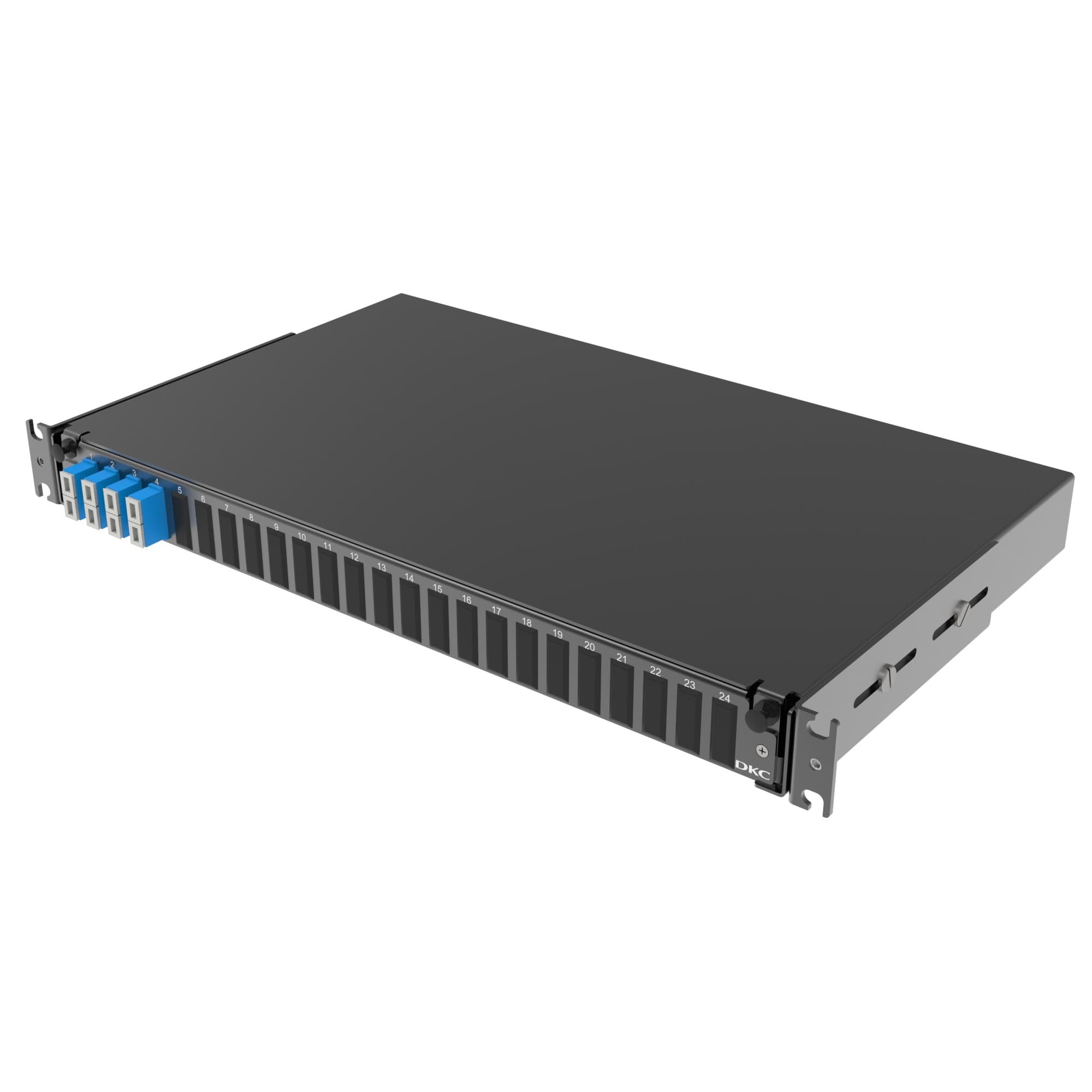 DKC Оптическая полка выдвижная 1U с адатерами 4 х duplex SC OS2 в комплекте с лицевой панелью, пигтейлами, сплайс-кассет(ой/ами) и гильзами КДЗС — миниатюра 1