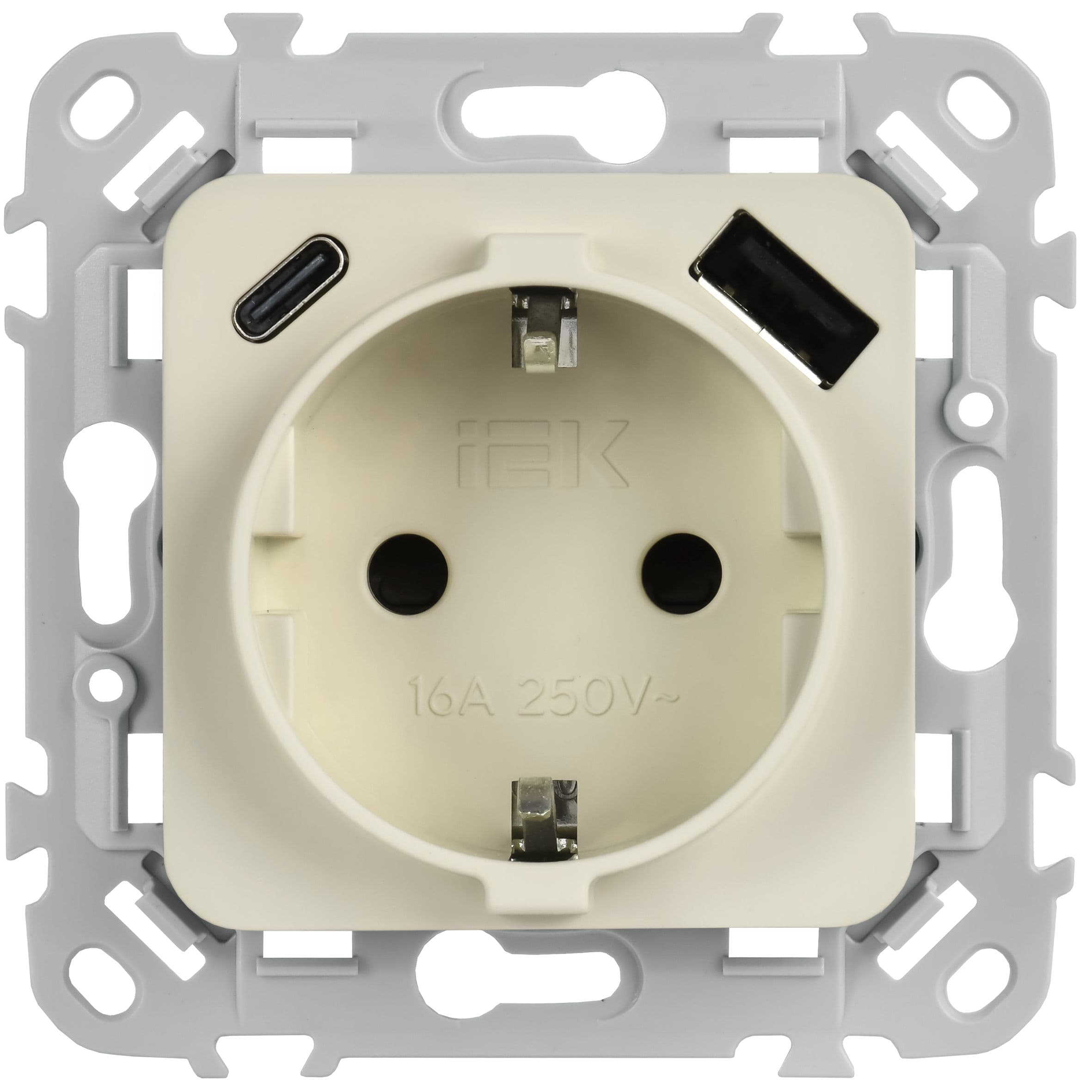 IEK FLITE Льняной Розетка 1-местная с заземлением с защитными шторками 16А с USB A+C 20Вт безвинтовое крепление — миниатюра 2