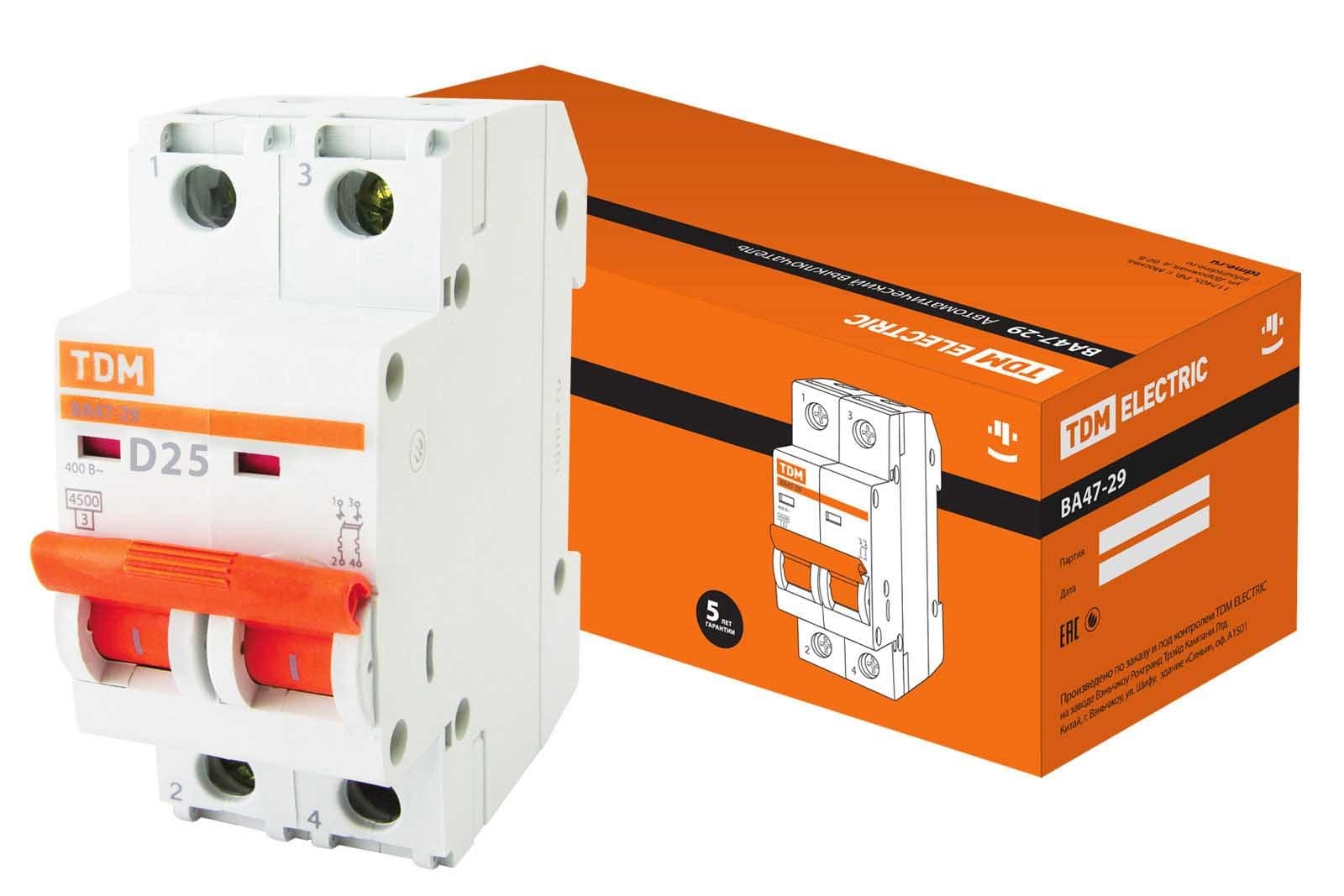 TDM Авт. выкл.ВА47-29 2Р 25А 4,5кА х-ка D SQ0206-0159 — миниатюра 1