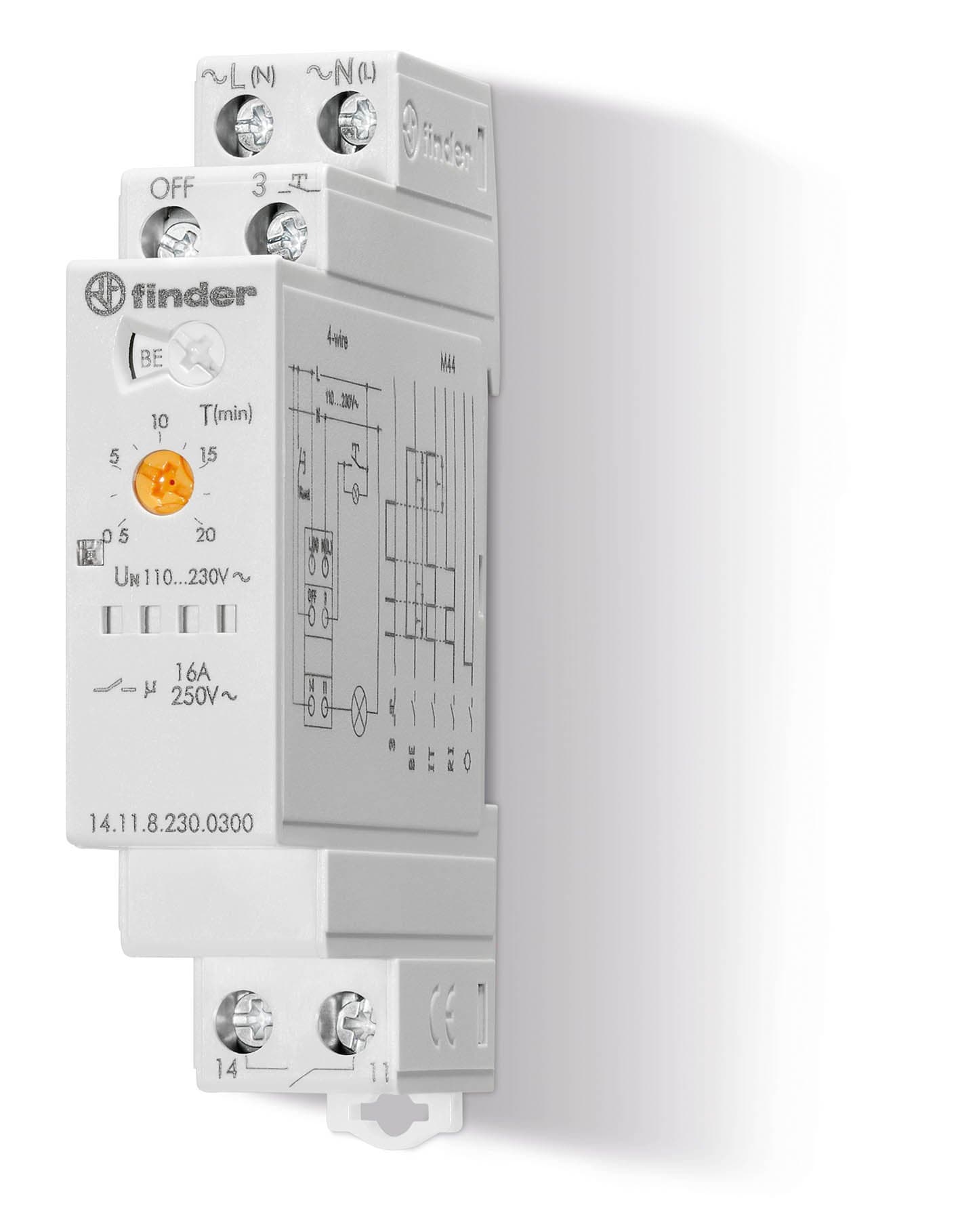 Finder Модульный электронный лестничный таймер мультифункциональный; 1NO 16A (контакт без потенциала); 3- или 4-проводная схема; питание 230В АC; шири 141182300300