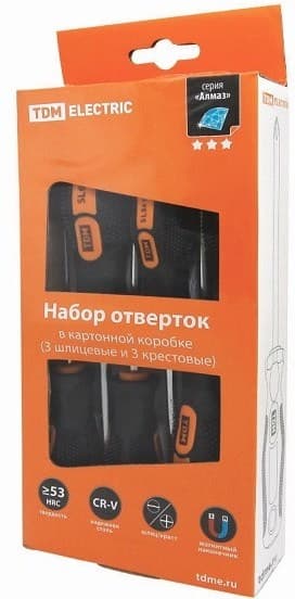 TDM Набор отверток 6 шт.: SL:3х75;5х100;6х100, PH:0х75;1х100;2х100 (карт. коробка), CR-V "Алмаз" SQ1013-0204 — миниатюра 2