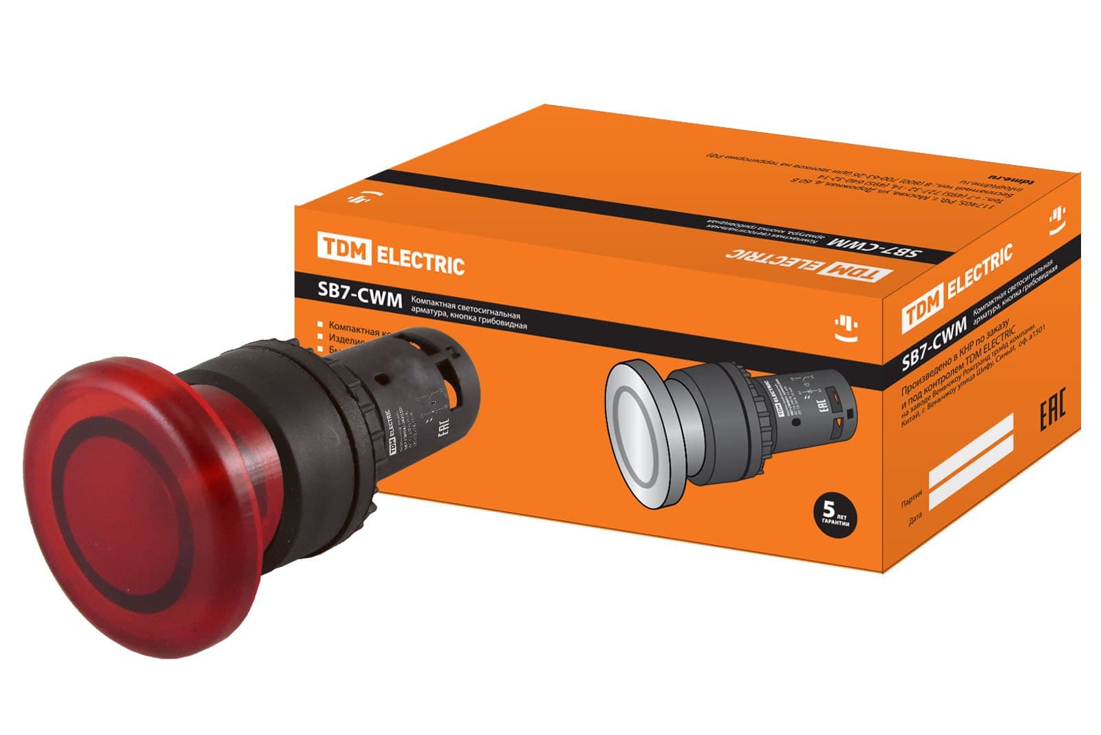 TDM Кнопка грибовидная SB7-CWM42-24V(LED) d35мм 1р красная SQ0746-0052