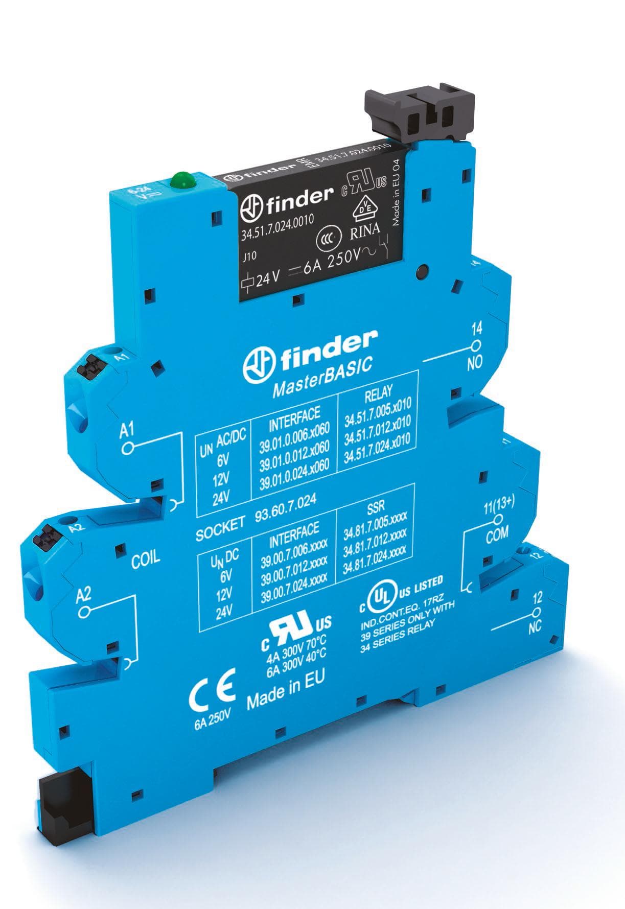 Finder Интерфейсный модуль (сборка 34.51.7.024.0010 + 93.60.7.024), электромеханическое реле, серия MasterBASIC; 1CO 6A; питание 24В AC/DC; категория 390100240060