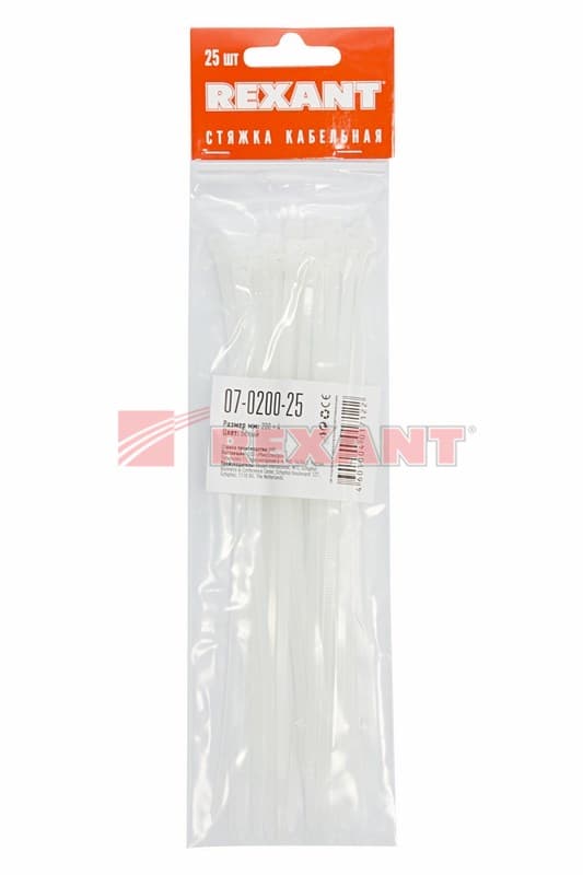 Хомут nylon 200 x 3,6 мм 25шт белый Rexant 07-0200-25 — миниатюра 2