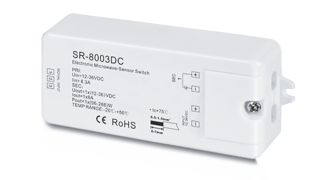 SWG SR-8003 DC Датчик движения MicroWave. Регуллировка задержки до 10 мин и зоны до 20м. 12-36В SR-8003DC